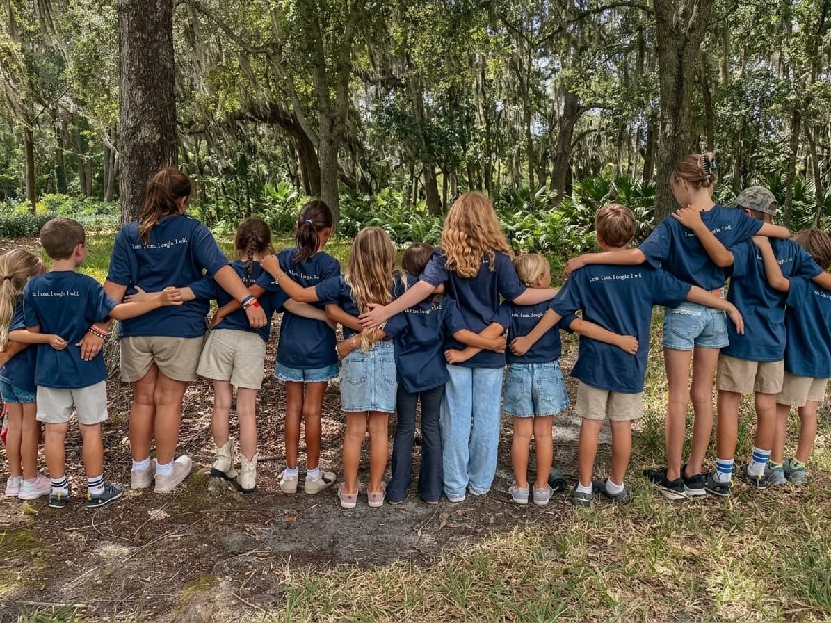 The children of the co-op standing in a line with their arms around one another, seen from behind, under live oaks hung with Spanish moss.